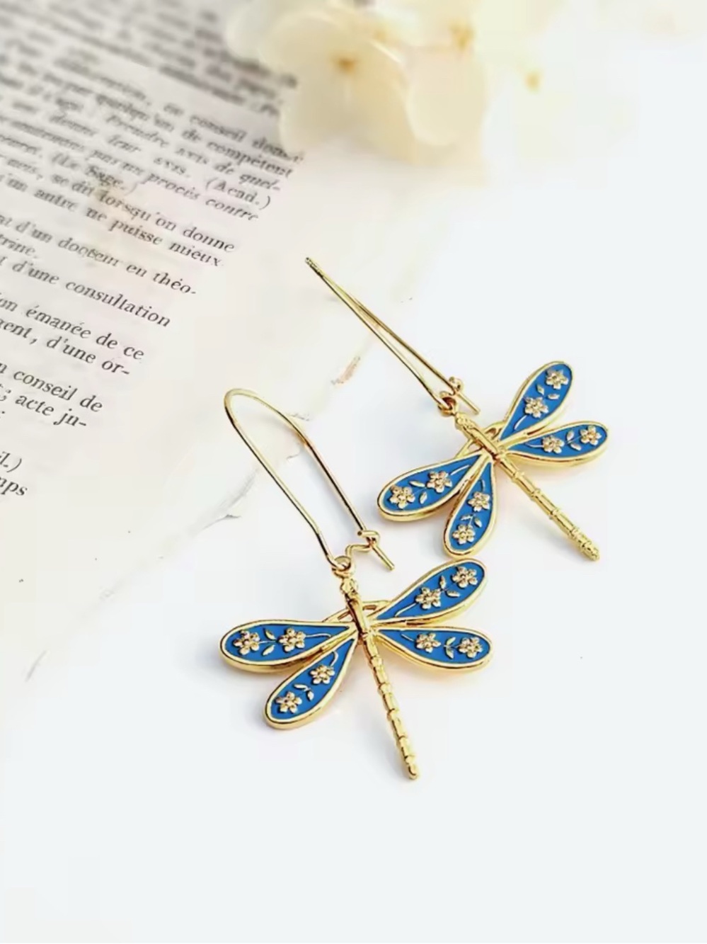 Blue and Gold Dragonfly Drop Earrings - Women Jewelry